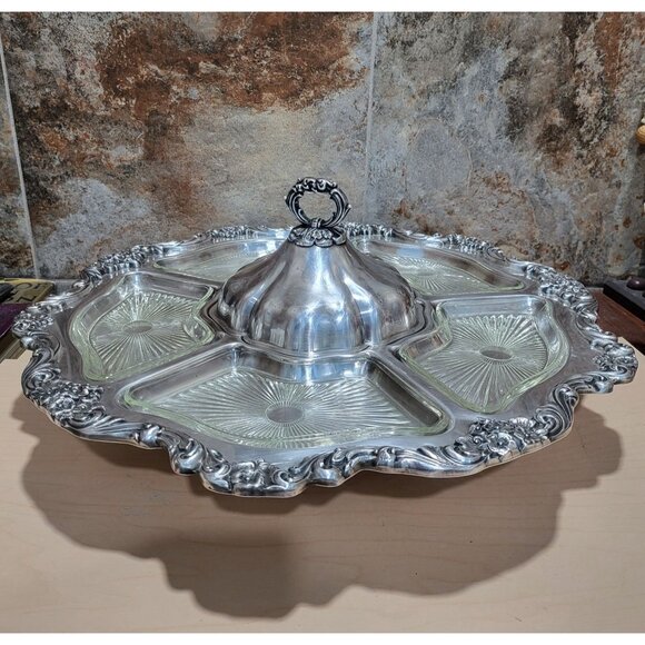Vintage Silver Plated Lazy Susan Serving Platter 19" Turn Table Vegetable Dip C - Picture 2 of 13